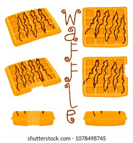 Vector icon illustration logo for set various sweet waffles. Waffle pattern consisting of slice different dessert confectionery, wafer with chocolate. Eat tasty patisserie waffle covered in chocolates