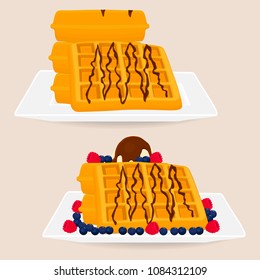 Vector icon illustration logo for set various sweet waffles. Waffle pattern consisting of slice different dessert confectionery, wafer with chocolate. Eat tasty patisserie waffle covered in chocolates