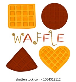 Vector icon illustration logo for set various sweet waffles. Waffle pattern consisting of slice different dessert confectionery, fresh wafer with milk. Eat tasty patisserie waffle covered in milks.