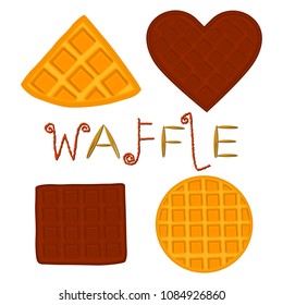 Vector icon illustration logo for set various sweet waffles. Waffle pattern consisting of slice different dessert confectionery, fresh wafer with milk. Eat tasty patisserie waffle covered in milks.