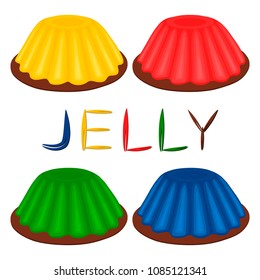 Vector icon illustration logo for set whole various dessert jelly, shiny pudding made from colorful gelatin shape. Jelly pattern consisting of natural product, design sweet food. Eat tasty soft jelly.
