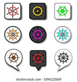 Vector icon illustration logo for set symbols steering wheel from the ship for travel. Steering pattern consisting of flat design with elements mobile web apps. Collection infographic icons steerings.