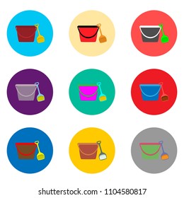 Vector icon illustration logo for set symbols bucket and spade for sand. Bucket pattern consisting of flat design with elements mobile web apps. Collection modern infographic pictogram, icons buckets.