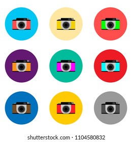 Vector icon illustration logo for set symbols camera with lenses for photo. Camera pattern consisting of flat design with elements mobile web apps. Collection modern infographic summer icons cameras.