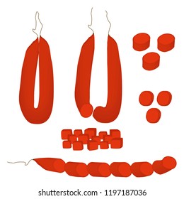 Vector icon illustration logo for set whole sausage salami, slice pork ham. Sausage pattern consisting of natural tasty food meat, half frankfurter. 