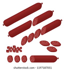 Vector icon illustration logo for set whole sausage salami, slice pork ham. Sausage pattern consisting of natural tasty food meat, half frankfurter. Eat fresh raw smoked beef sausage on health.