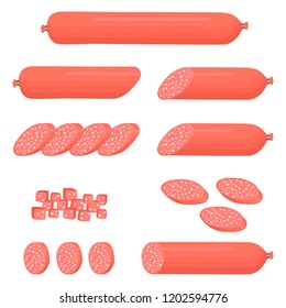 Vector Icon Illustration Logo For Set Whole Sausage Salami, Slice Pork Ham. Sausage Pattern Consisting Of Natural Tasty Food Meat, Half Frankfurter. Eat Fresh Raw Smoked Beef Sausage On Health.