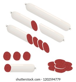 Vector icon illustration logo for set whole sausage salami, slice pork ham. Sausage pattern consisting of natural tasty food meat, half frankfurter. Eat fresh raw smoked beef sausage on health.