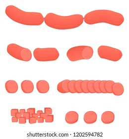 Vector icon illustration logo for set whole sausage salami, slice pork ham. Sausage pattern consisting of natural tasty food meat, half frankfurter. Eat fresh raw smoked beef sausage on health.
