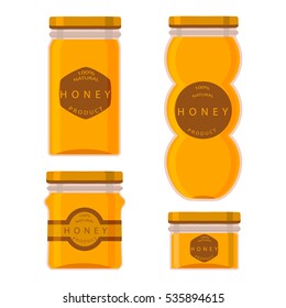 Vector icon illustration logo for set glass jar of honey on white background. Jar pattern consisting of sweet natural product wild honey. Eat fresh raw organic liquid honey from jar with cap.