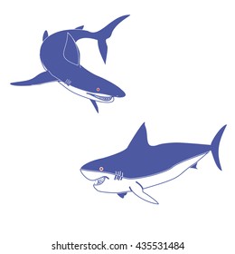 Vector icon illustration of logo for shark fish on white background. Shark drawing pattern consisting of attack monster, blue sea, ocean water. Predators sharks jaw tattoo fear, animal wildlife.