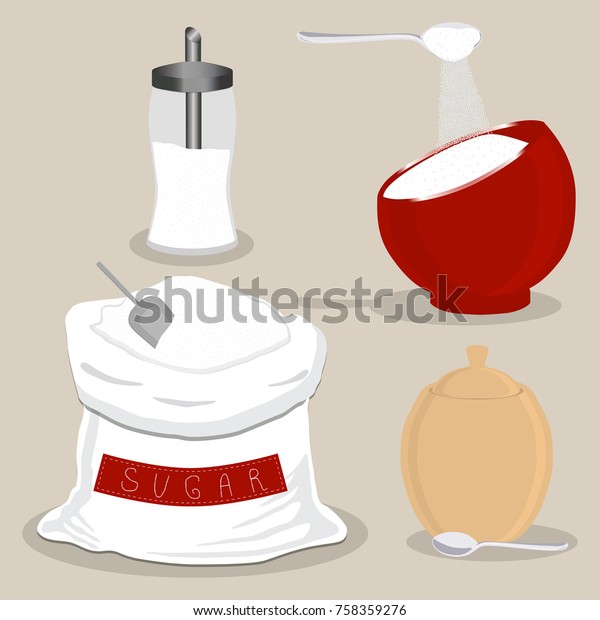 Vector icon illustration of logo for theme\
set sweet crystal powder sugar in bowls, bags, sacks. Sugar pattern\
consisting of bowl with ingredient sand for coffee,tea. Eat fresh\
sugars in Bowl,bag,sack
