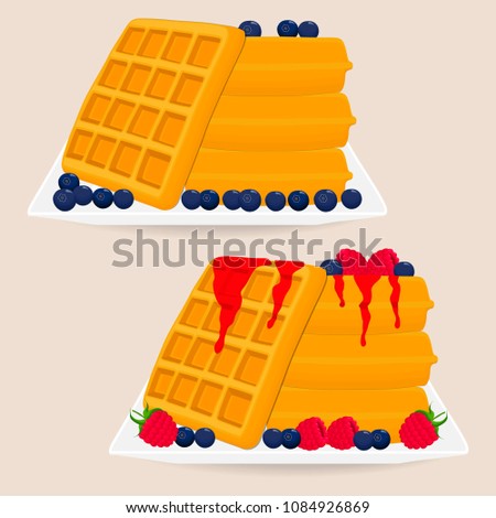 Vector icon illustration logo for various sweet waffles. Waffle pattern consisting of slice different dessert confectionery, wafer with raspberry. Eat tasty patisserie waffle covered in raspberries.