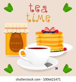 Vector icon illustration logo for white ceramic cup, whole jar honey, pancake, teacup on saucer. Teacup pattern consisting of tea brewed in porcelain cups, sweet pancakes. Drink hot teas from teacups.