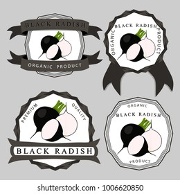 Vector icon illustration logo for whole ripe vegetable black radish, cut half carrot on background. Radish pattern consisting of label vegetables, slice raw sweet food carrots. Eat fresh radishes.