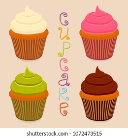 Vector icon illustration logo for whole berry cupcake, sweet homemade bakery. Cupcake pattern consisting of different dessert confectionery, whipped cream cake. Tasty cupcakes covered in fruit creams.