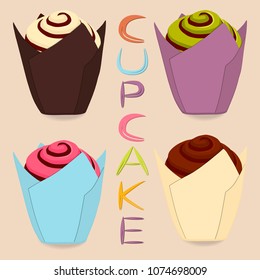 Vector icon illustration logo for whole berry cupcake, sweet homemade bakery. Cupcake pattern consisting of different dessert confectionery, whipped cream cake. Tasty cupcakes covered in fruit creams.