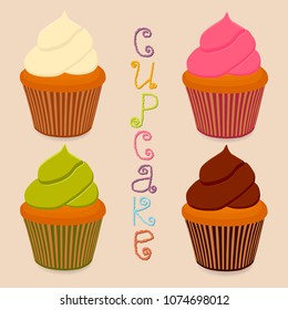 Vector icon illustration logo for whole berry cupcake, sweet homemade bakery. Cupcake pattern consisting of different dessert confectionery, whipped cream cake. Tasty cupcakes covered in fruit creams.