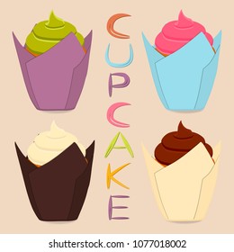 Vector icon illustration logo for whole berry cupcake, sweet homemade bakery. Cupcake pattern consisting of different dessert confectionery, whipped cream cake. Tasty cupcakes covered in fruit creams.