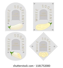 Vector icon illustration logo for whole ripe vegetable white eggplant, half aubergine with green stem. Eggplant pattern consisting of long slice raw vegetables aubergines. Eat sweet white eggplants.