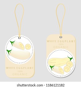 Vector icon illustration logo for whole ripe vegetable white eggplant, half aubergine with green stem. Eggplant pattern consisting of long slice raw vegetables aubergines. Eat sweet white eggplants.