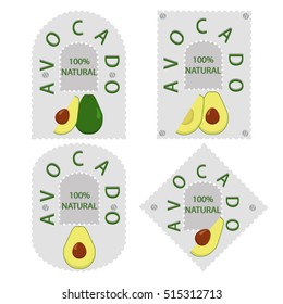 Vector icon illustration logo for whole ripe vegetable avocado, green stem, cut sliced meal on white background. Avocado pattern consisting of peel fruits, raw sweet food. Eat fresh avocados on health