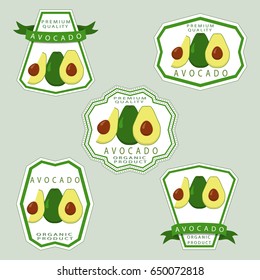 Vector icon illustration logo for whole ripe vegetable avocado, green stem, cut sliced meal on white background. Avocado pattern consisting of peel fruits, raw sweet food. Eat fresh avocados on health