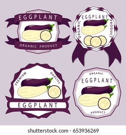 Vector icon illustration logo for whole ripe vegetable purple eggplant, half aubergine with green stem. Eggplant pattern consisting of long slice raw vegetables aubergines. Eat eggplants on health.
