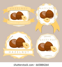 Vector icon illustration logo for whole ripe brown hazelnut nut, tasty hazel product. Nut Hazelnut pattern consisting of half nutlet, sliced nutshell, cut hazel. Eat hazelnut nut, hazel on health.