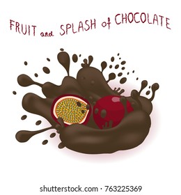 Vector icon illustration logo for whole ripe passion fruit, splash of drop chocolate. Passion Fruit pattern consisting of splashes drip flow liquid Chocolate. Eat sweet passions fruits in chocolates.