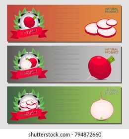 Vector icon illustration logo for whole ripe vegetable red radish, cut half carrot on background. Radish pattern consisting of label vegetables, slice raw sweet food carrots. Eat fresh radishes.