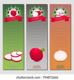 Vector icon illustration logo for whole ripe vegetable red radish, cut half carrot on background. Radish pattern consisting of label vegetables, slice raw sweet food carrots. Eat fresh radishes.
