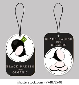 Vector icon illustration logo for whole ripe vegetable black radish, cut half carrot on background. Radish pattern consisting of label vegetables, slice raw sweet food carrots. Eat fresh radishes.