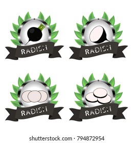 Vector icon illustration logo for whole ripe vegetable black radish, cut half carrot on background. Radish pattern consisting of label vegetables, slice raw sweet food carrots. Eat fresh radishes.