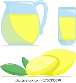 Vector Icon Illustration Logo gelbe Krug, flüssige Limonade, Zitronenhintergrund. Jug-Muster bestehend aus einem Glaskasten füllte Wasser Limonaden. Zitronensaft und Zitronensaft.