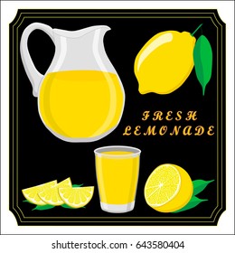 Vector icon illustration logo yellow jug, liquid lemonade, lemon background. Jug pattern consisting of glass pitcher filled waters lemonades, natural product. Lemonade, drink fresh raw liquid of jugs.