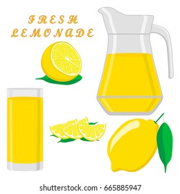 Vektorsymbol: Logo, gelber Krug, flüssige Limonade, Zitronenhintergrund. Jug Muster bestehend aus Glasscherben gefüllt Wasser Limonaden, Naturprodukt. Limonade, trinke frische, rohe Krüge.