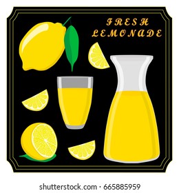 Vector icon illustration logo yellow jug, liquid lemonade, lemon background. Jug pattern consisting of glass pitcher filled waters lemonades, natural product. Lemonade, drink fresh raw liquid of jugs.