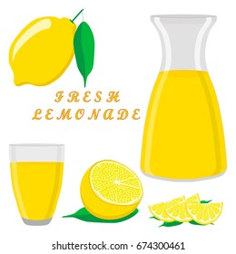 Vector icon illustration logo yellow jug, liquid lemonade, lemon background. Jug pattern consisting of glass pitcher filled waters lemonades, natural product. Lemonade, drink fresh raw liquid of jugs.