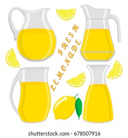 Vector icon illustration logo yellow jug, liquid lemonade, lemon background. Jug pattern consisting of glass pitcher filled waters lemonades, natural product. Lemonade, drink fresh raw liquid of jugs.