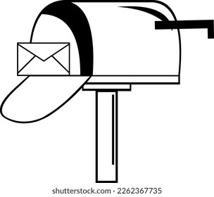 vector icon illustration of a mailbox with a letter envelope, drawn in black and white