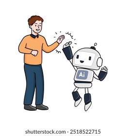 Ícone de vetor e ilustração para um homem de alto-cinco um robô. Um homem alegre e um robô bonito de IA compartilham um high-five. Estilo plano, ilustração desenhada à mão.

