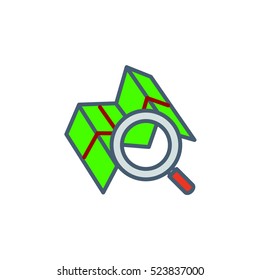 Vector icon illustration with map and magnifying glass in outline style