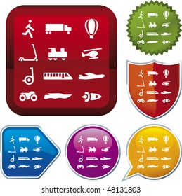 Vector icon illustration of means of transport over diverse buttons. Only global colors. CMYK. Easy color and proportions changes.