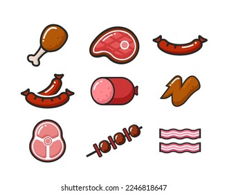 Vector icon illustration. Meat icons set. Colorful meat. Chicken, steak, bacon, sausage, wing. Isolated on white background.