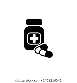 Vector icon illustration of a medicine bottle and pills, symbolizing healthcare essentials and medication