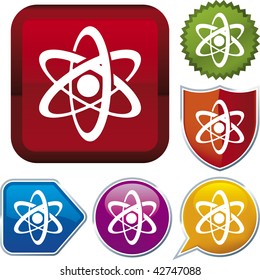 Vector icon illustration of nucleus over diverse buttons. Only global colors. CMYK. Easy color and proportions changes.