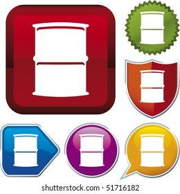 Vector icon illustration of oil barrel over diverse buttons. Only global colors. CMYK. Easy color and proportions changes.