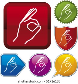 Vector icon illustration of OK hand over diverse buttons. Only global colors. CMYK. Easy color and proportions changes.