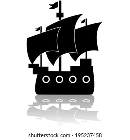 Vector icon illustration of an old wooden ship sailing in calm waters
